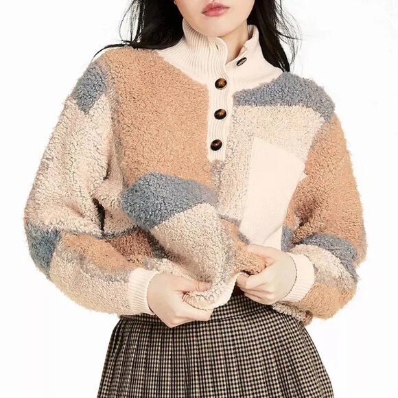 Sandy Liang Target Sherpa Pocket Comfy Boho Shabby Chic Colorblock Sweater - Picture 6 of 6